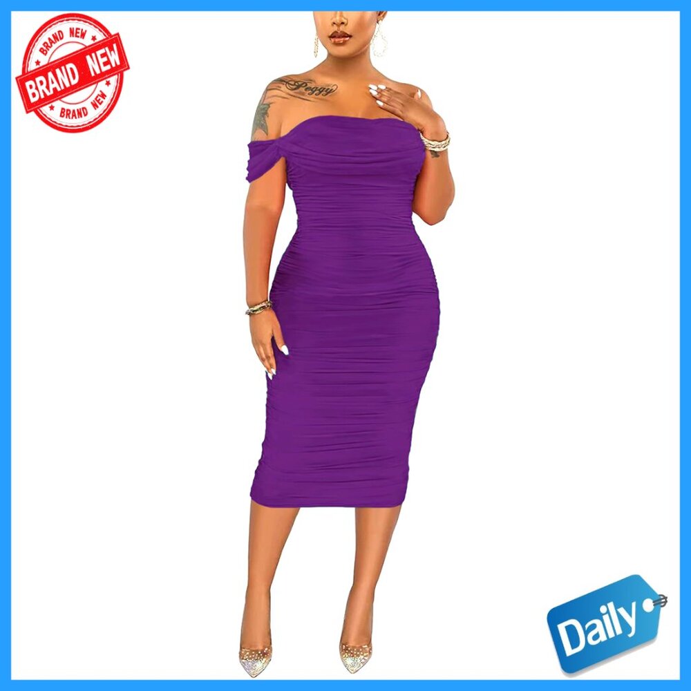 Off Shoulder Ruched Bodycon Midi Dress Elegant Cocktail Evening Party Wear